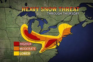 This map shows the potential for 6 inches of snow or more through Thursday.