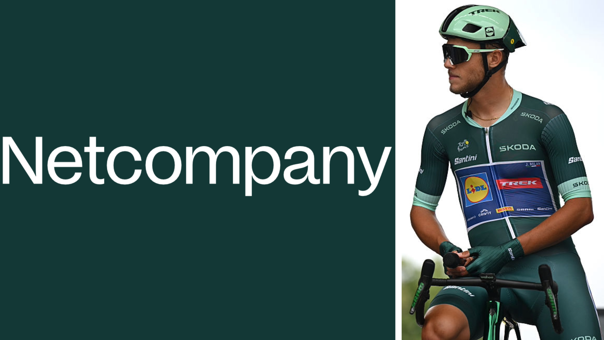 A split image showing the Netcompany logo on a dark green background, a very similar colour to the Tour de France green jersey worn by Jonathan Milan in the right section of the image.