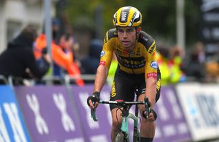 WEVELGEM BELGIUM OCTOBER 11 Arrival Wout Van Aert of Belgium and Team Jumbo Visma during the 82nd GentWevelgem In Flanders Fields 2020 Men Elite a 2325km race from Ypres to Wevelgem GentWevelgem FlandersClassic on October 11 2020 in Wevelgem Belgium Photo by Luc ClaessenGetty Images