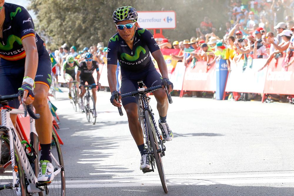 Nairo Quintana nears the finish of stage 7 at the 2015 Vuelta a Espana.