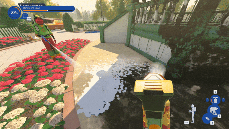 Two players in PowerWash Simulator 2 soaping up and washing a sidewalk down at the same time