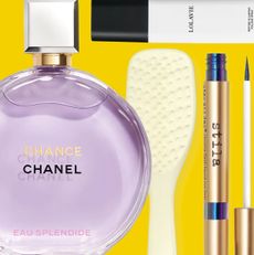 Product collage of Lolavie Peptide Plumping Volume Spray, Tangle Teezer Extra Gentle Brush, Stila Chroma-flash Liquid Eye Liner, Chanel Chance Eau Splendide on yellow-gold background
