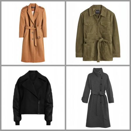 product collage of J.Crew Wrap Trench Coat in Italian Double-Faced Wool Blend, Madewell Belted Field Jacket in Suede, Banana Republic Italian Melton Trench Coat, ALLSAINTS Orla Relaxed-Fit Cropped Wool and Cashmere-Blend Jacket on white background with grey border