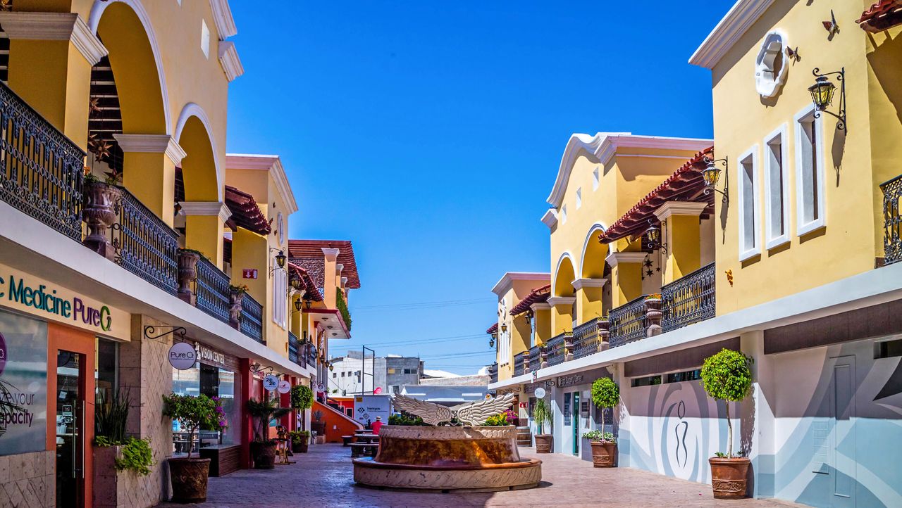 A plaza in Los Algodones, Mexico, with a medical clinic