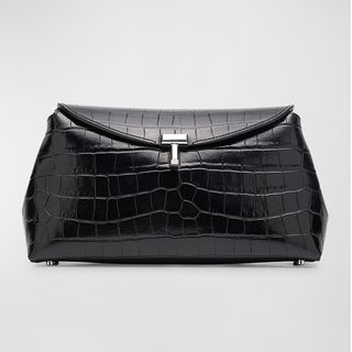 black leather clutch with croc detailing