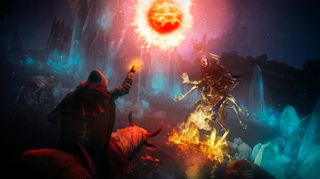 Elden Ring - A player casts a fireball overhead while riding their horse towards a monstrous enemy.