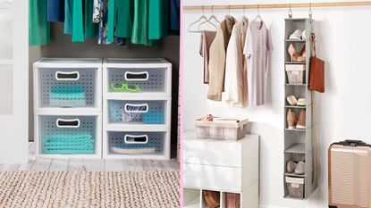 2 x Target closet organizers, stackable plastic drawers with handles, a vertcial hanging organiser for shoes and purses 