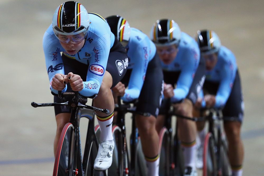 Lotte Kopecky, Shari Bossuyt, Jolien D'hoore and Annelies Dom of Belgium competes in the Women's team pursuit Quarter Finals