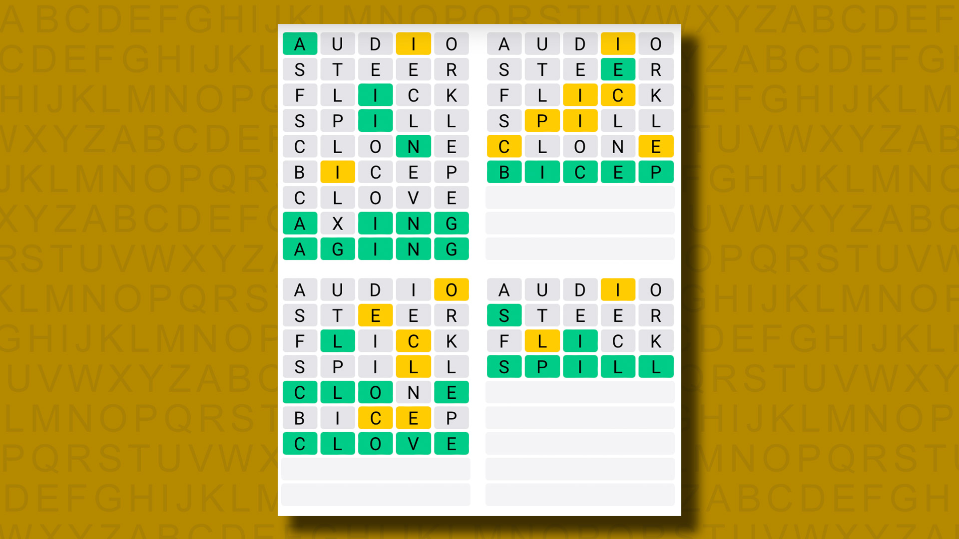 Quordle answers for game 1046 on a yellow background