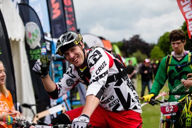 Legendary World Cup downhiller Steve Peat enjoys a post-race brew