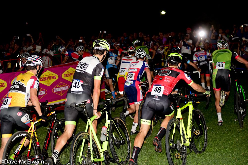 The Elite Men facing the first run-up on the Cross Vegas course