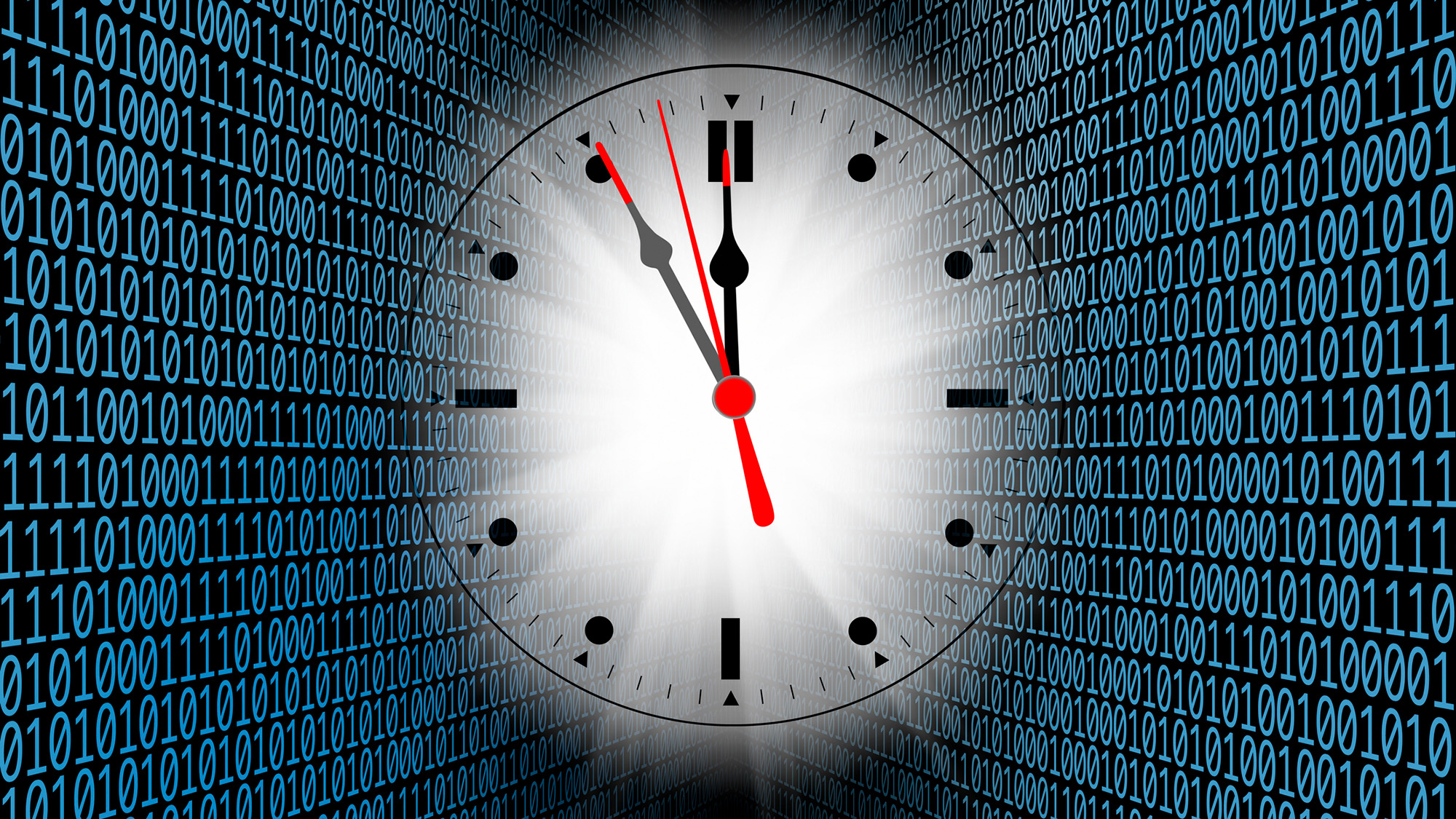 A white analog clock with a series of binary numbers in the background