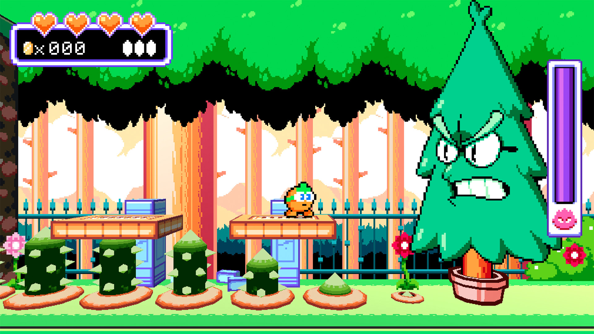 rog standing on a platform in a forest, thorny spike trap underneath, facing an evergreen tree-themed boss enemy