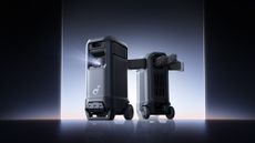 Promotional rendered image of the Soundcore Nebula X1 Pro showing two units coming out of a brightly lit space