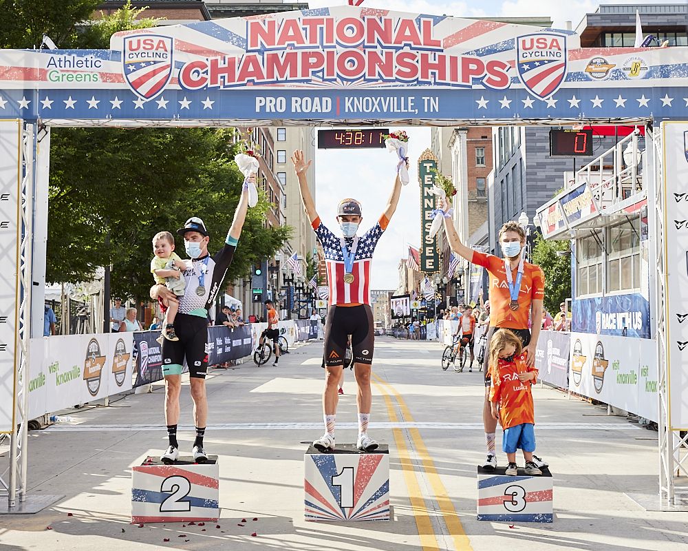 Joey Rosskopf (Rally Cycling) on the top step of the podium, with Brent Bookwalter (Team BikeExchange) in second and Kyle Murphy (Rally Cycling) in third at the men&#039;s elite road race at the USA Cycling Pro Road Championships 2021