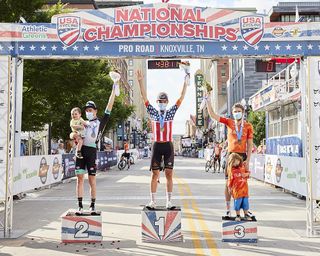 Joey Rosskopf (Rally Cycling) on the top step of the podium, with Brent Bookwalter (Team BikeExchange) in second and Kyle Murphy (Rally Cycling) in third at the men's elite road race at the USA Cycling Pro Road Championships 2021