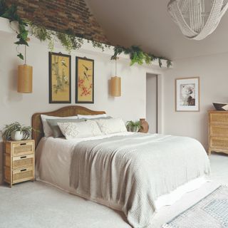 A light bedroom with a high ceiling and a ledge above the bed displaying various houseplants with more on the bedside tables