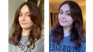 Two images of Lucy with Airwrap curls after styling and several hours later