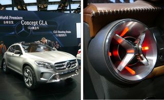 Mercedes Concept GLA in silver on display at a car show and a close up of a feature of the car