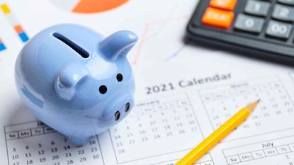 Picture of piggy bank with calendar background