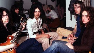 Group portrait of British rock band Free backstage in 1972. Left to right are singer Paul Rodgers, bassist Andy Fraser,drummer Simon Kirke and guitarist Paul Kossoff (1950 - 1976).