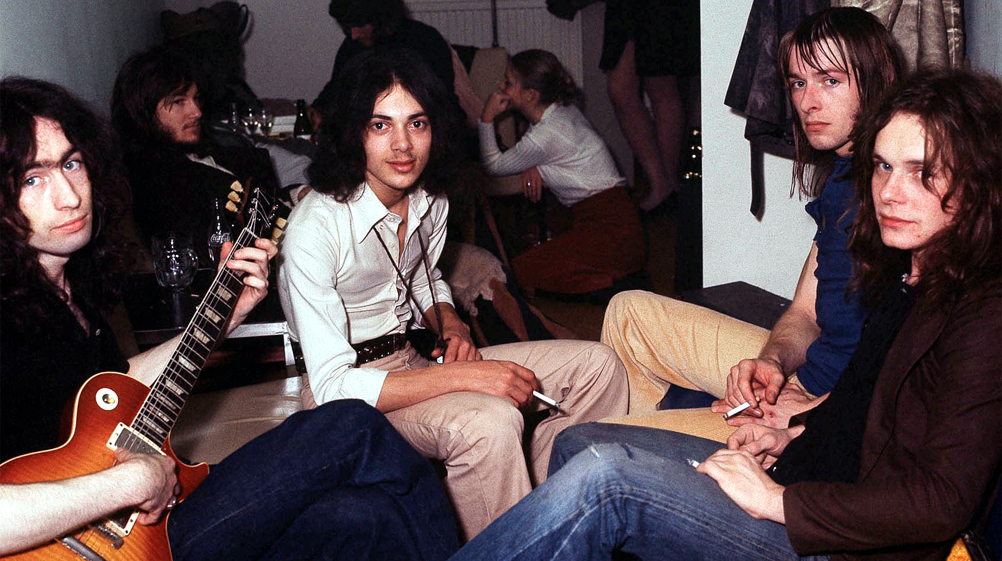 Group portrait of British rock band Free backstage in 1972. Left to right are singer Paul Rodgers, bassist Andy Fraser,drummer Simon Kirke and guitarist Paul Kossoff (1950 - 1976). 