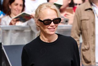 Actress Pamela Anderson arrives at the Maria Cristina Hotel during the 72nd San Sebastian International Film Festival on September 25, 2024 in San Sebastian, Spain.