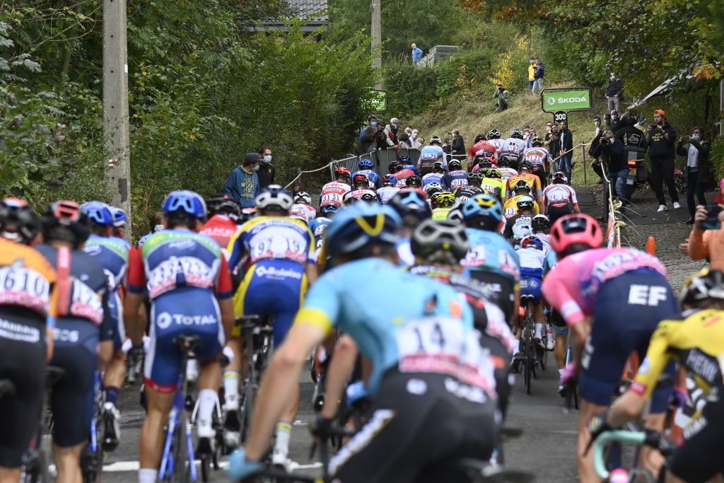 Illustration picture shows the pack of riders in action during the 84th edition of the mens race of La Fleche Wallonne a one day cycling race Waalse Pijl Walloon Arrow 220km from Ans to Huy Wednesday 30 September 2020 This years edition was postponed from April to September due to the ongoing Coronavirus crisisBELGA PHOTO ERIC LALMAND Photo by ERIC LALMANDBELGA MAGAFP via Getty Images