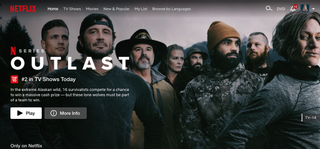 The Netflix reality series Outlast is promoted at the top of the Netflix home screen, the image features men and women in outdoors-wear.