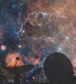 This image portrays the Jodrell Bank Observatory (silhouetted in the foreground), where scientists are studying pulsars, which are formed through exploding stars called supernovas. In the background of the image is the Vela supernova remnant.