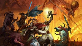 A group of fantasy adventurers battling mutated beastmen.