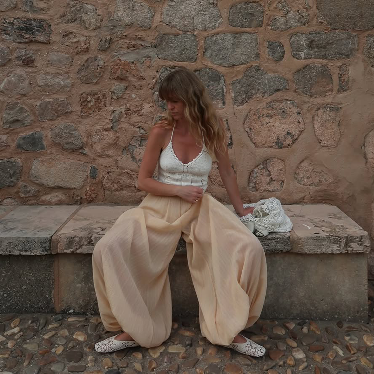 Jeanette Madsen wearing Zara Balloon Pants in Mallorca