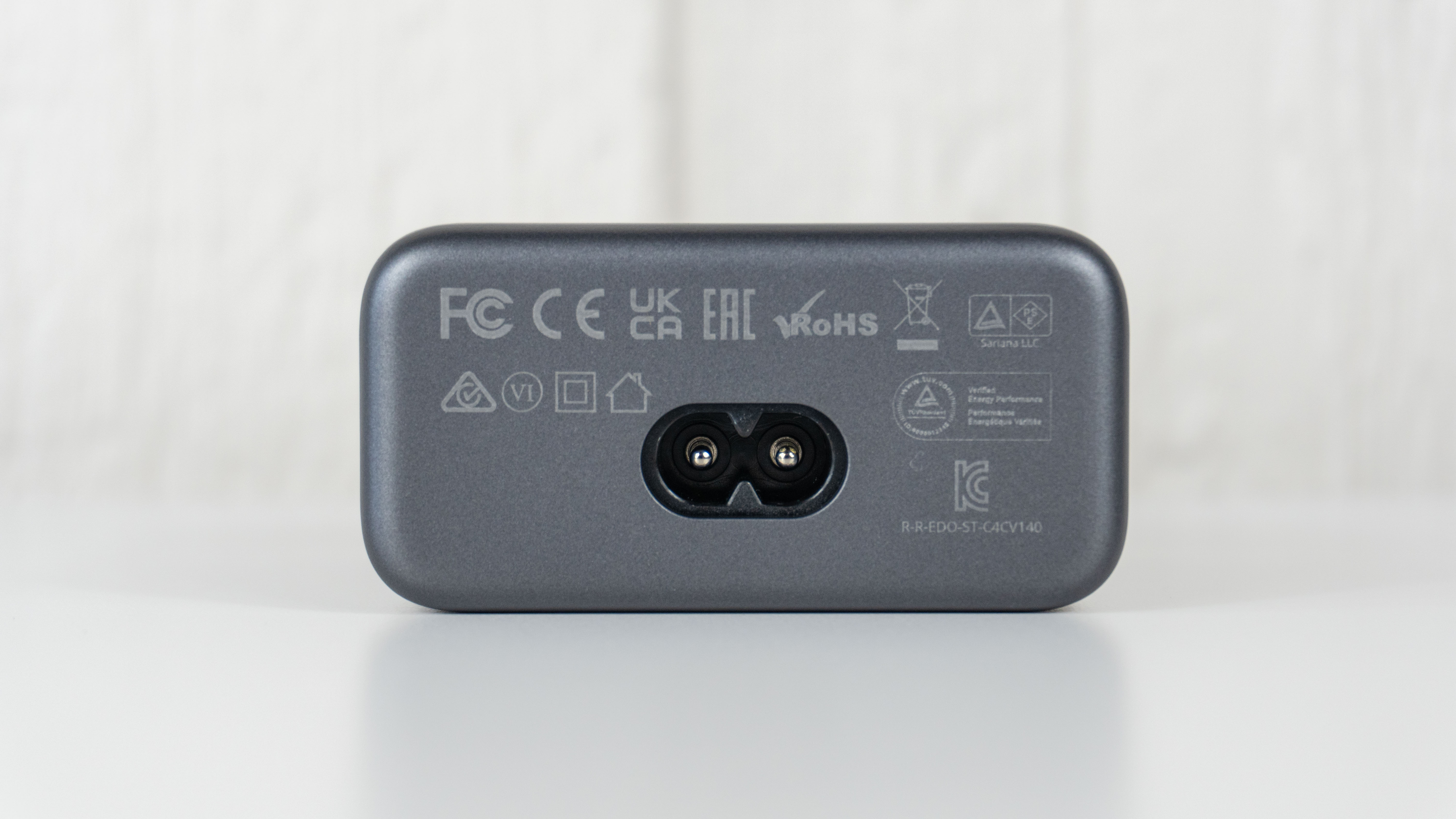 The power port on the back of the Satechi ChargeView 140W Desktop Charger