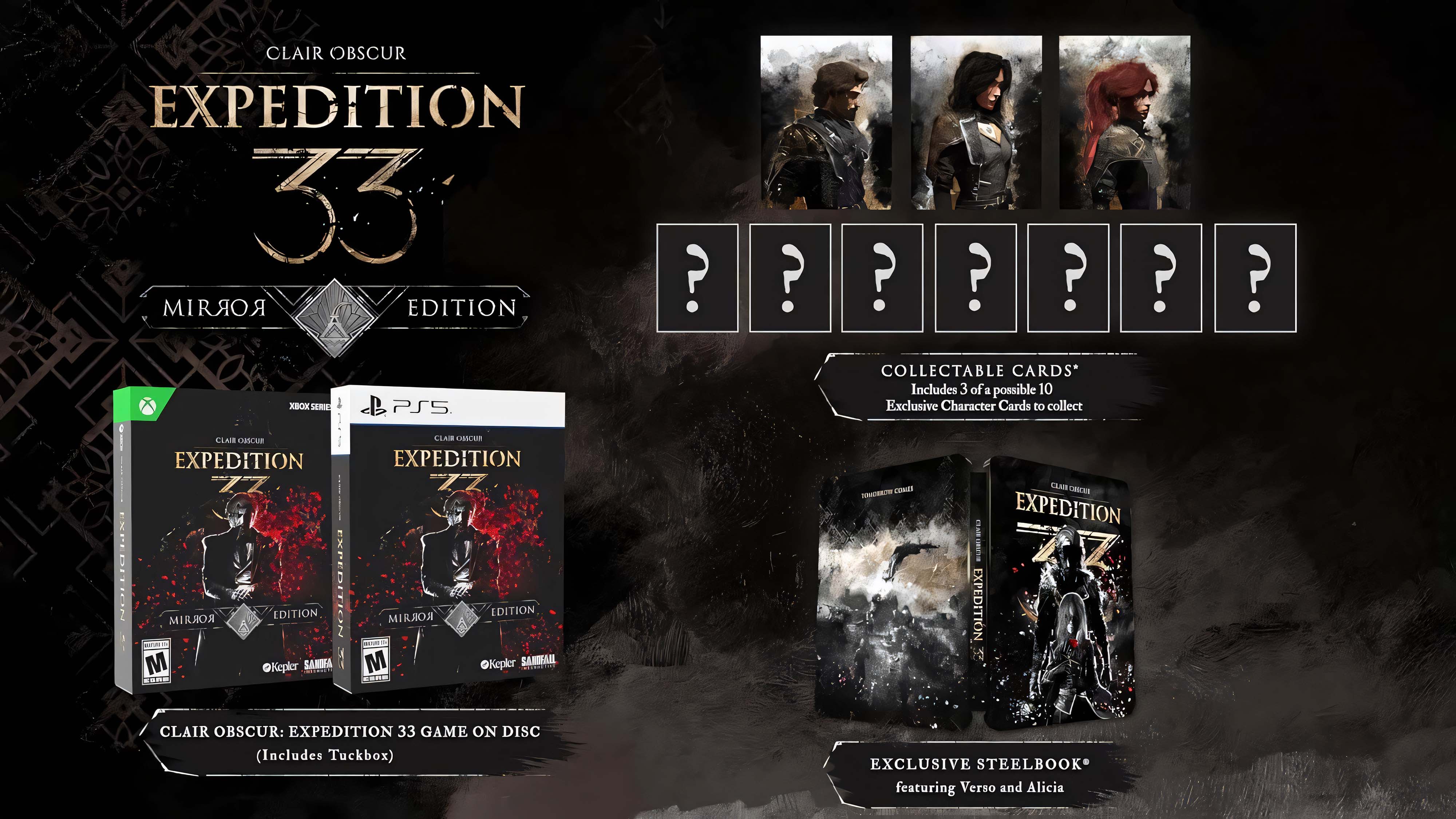 A graphic showing the Xbox Series X and PS5 covers for Clair Obscur: Expedition 33 Mirror Edition. Three collectible cards, and an exclusive Steelbook that features Verso and Alicia on it.