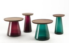 Milan Design Week Porada Jigger coffee tables with wood round top and glass base in red or green