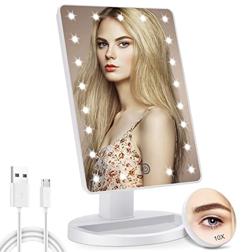 Cosmirror Lighted Makeup Vanity Mirror With 10x Magnifying Mirror, 21 Led Lighted Mirror With Touch Sensor Dimming, 180&deg;adjustable Rotation, Dual Power Supply, Portable Cosmetic Mirror (white)
