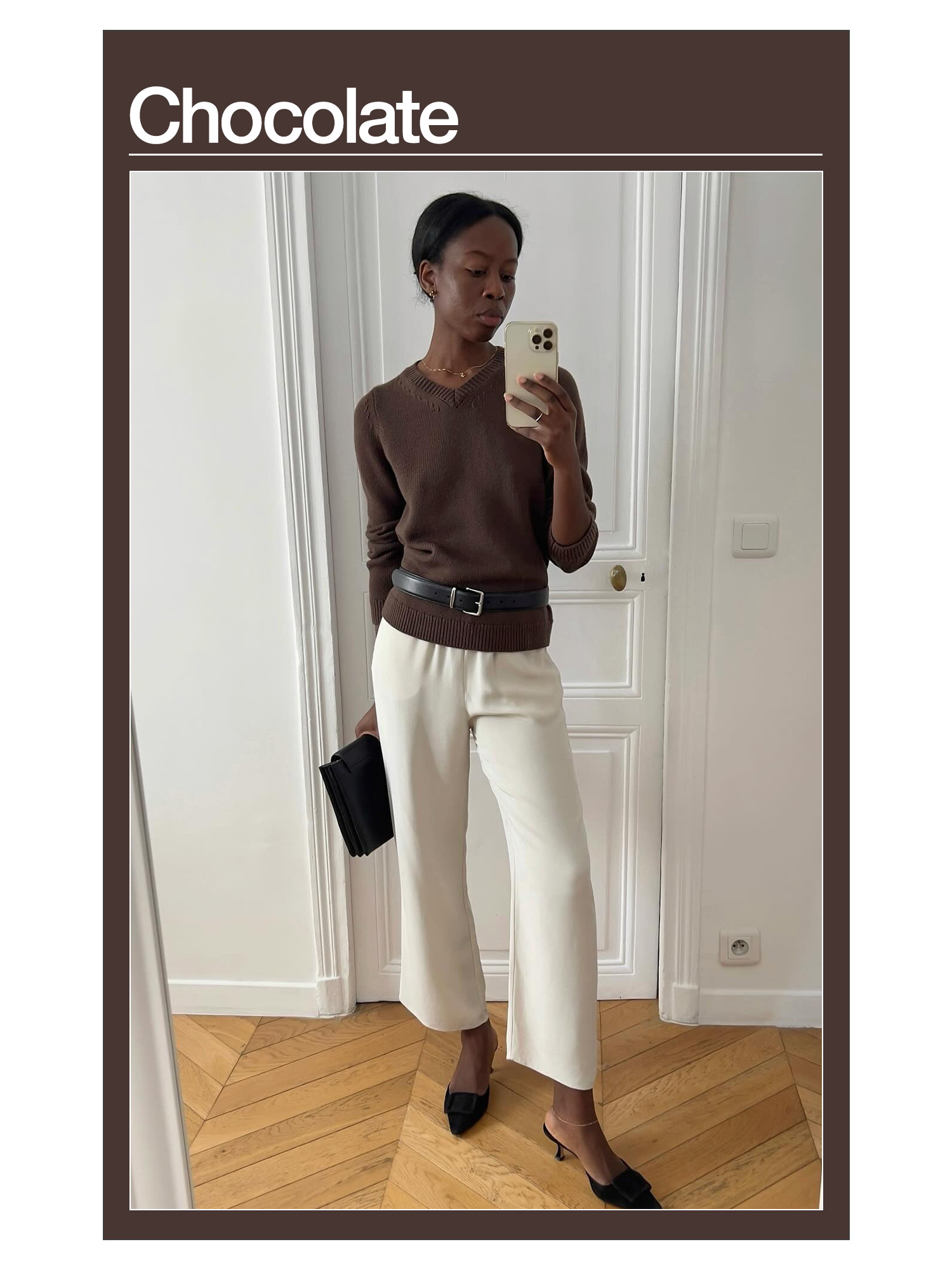 Sylvie Mus wearing a chocolate brown sweater