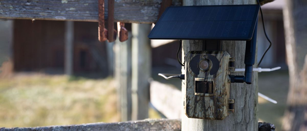 SEHMUA 4G LTE 3rd Gen Cellular Trail Camera attached to a fence in a field