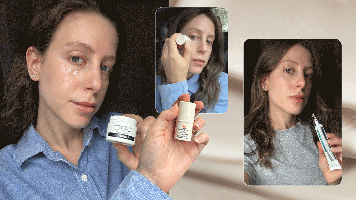 Collage of Jamie Chevron testing the best eye creams.