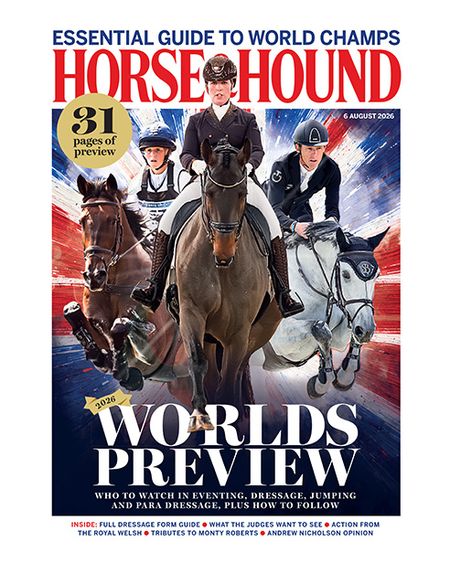 The cover of Horse & Hound magazine with a montage of a dressage horse, an eventer and a showjumper jumping out of the cover set in front of an artistic union flag background