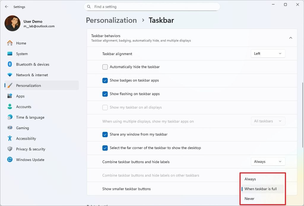 Taskbar smaller icons setting