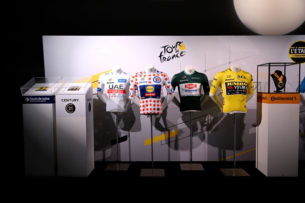 PARIS FRANCE OCTOBER 25 Detail view of the Yellow Leader Jersey Polka Dot Mountain Jersey Green Points Jersey and White Best Young Jersey during the 111th Tour de France 2024 3rd Tour de France Femmes 2024 Route Presentation UCIWT UCIWWT on October 25 2023 in Paris France Photo by Dario BelingheriGetty Images