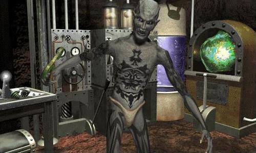 A grey, tattooed monster man