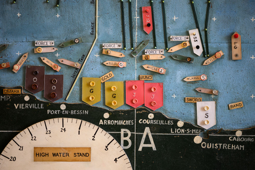 A detail view of an area of the beaches in northern France, as depicted on the original planning map in Southwick House in Portsmouth, England. Southwick House served as the headquarters for Supreme Allied Commander General Dwight D. Eisenhower and his staff, where the final decision to launch the D-Day invasion of Normandy was made on June 5, 1944.