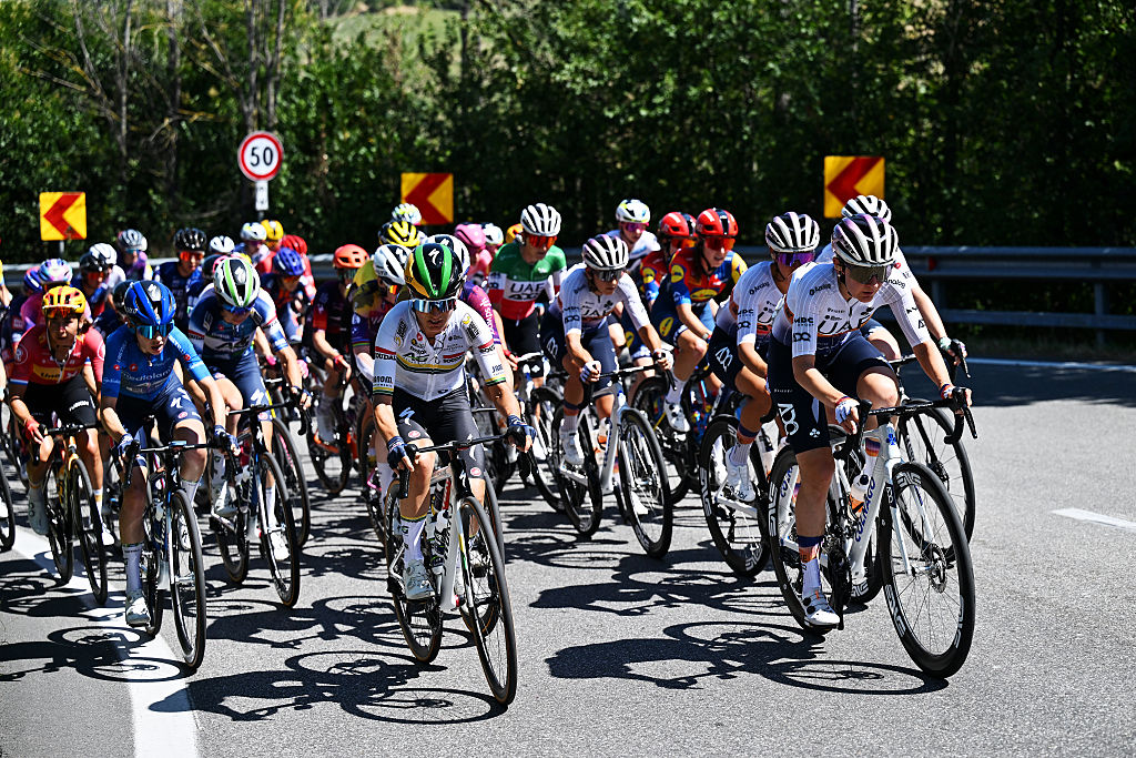 TERRE ROVERESCHE, ITALY - JULY 11: (L-R) Ashleigh Moolman of South Africa and Team AG Insurance - Soudal and Alena Amialiusik of Belarus and UAE Team ADQ compete during the 36th Giro d'Italia Women 2025, Stage 6 a 145km stage from Bellaria-Igea Marina to Terre Roveresche (Orciano di Pesaro) / #UCIWWT / on July 11, 2025 in Terre Roveresche, Italy. (Photo by Luc Claessen/Getty Images)