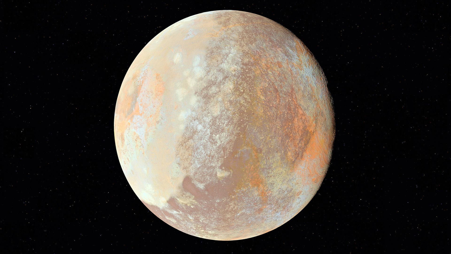 A tan and brown planet glows in the darkness of space.
