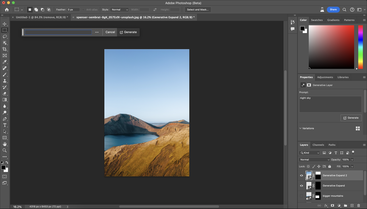 A screenshot from Photoshop 25 showing generative fill and expand