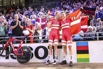 Michael Mørkøv and Lasse Norman Hansen celebrate becoming world champions in the Madison