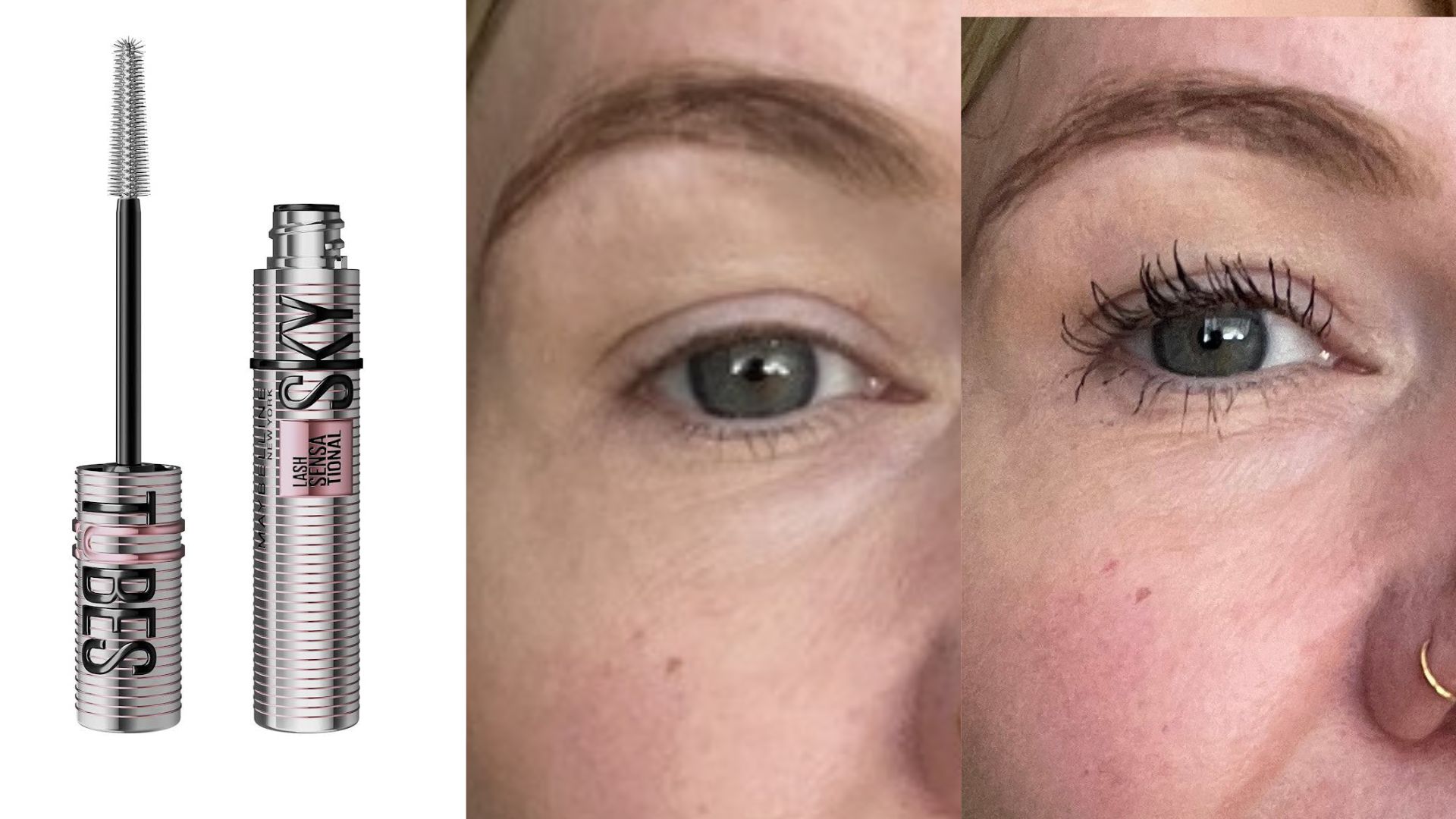 Fiona McKim's lashes, before and after Maybelline sky high Tubes mascara beside a product shot