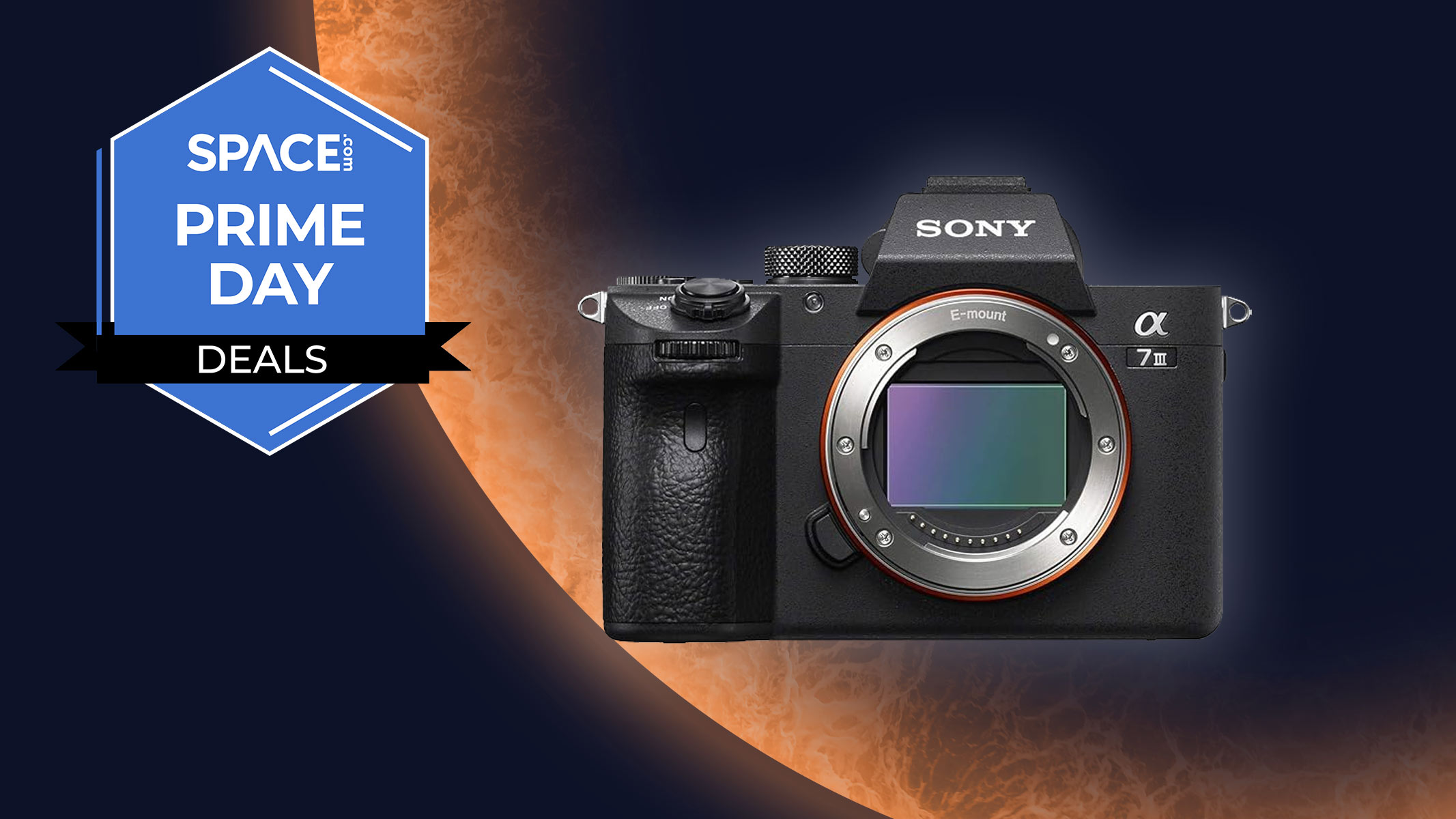 A Sony A7 III on an orange planet background with a Space.com Prime Day badge in the top left corner.